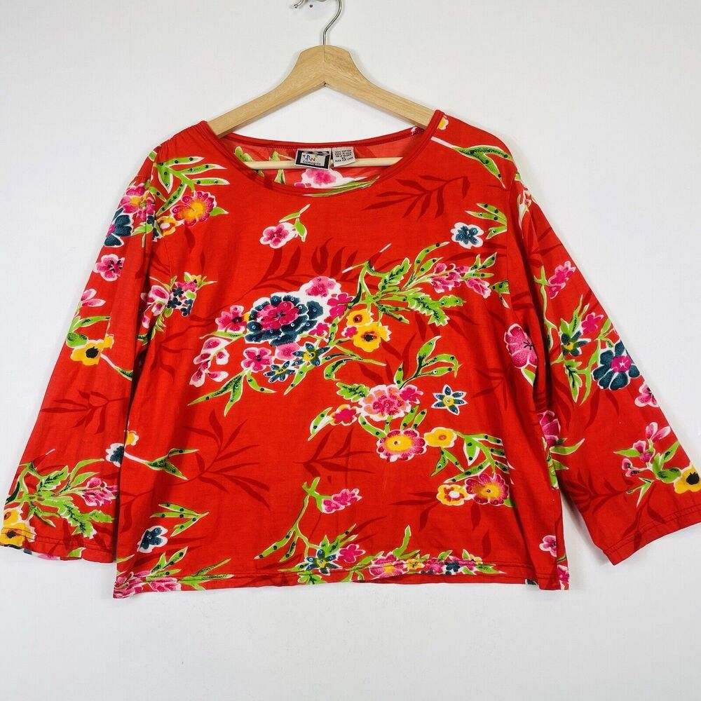 Take Two‎ Clothing Co Red Watercolor Floral 3/4 Sleeve Sequin T-Shirt Womens XL